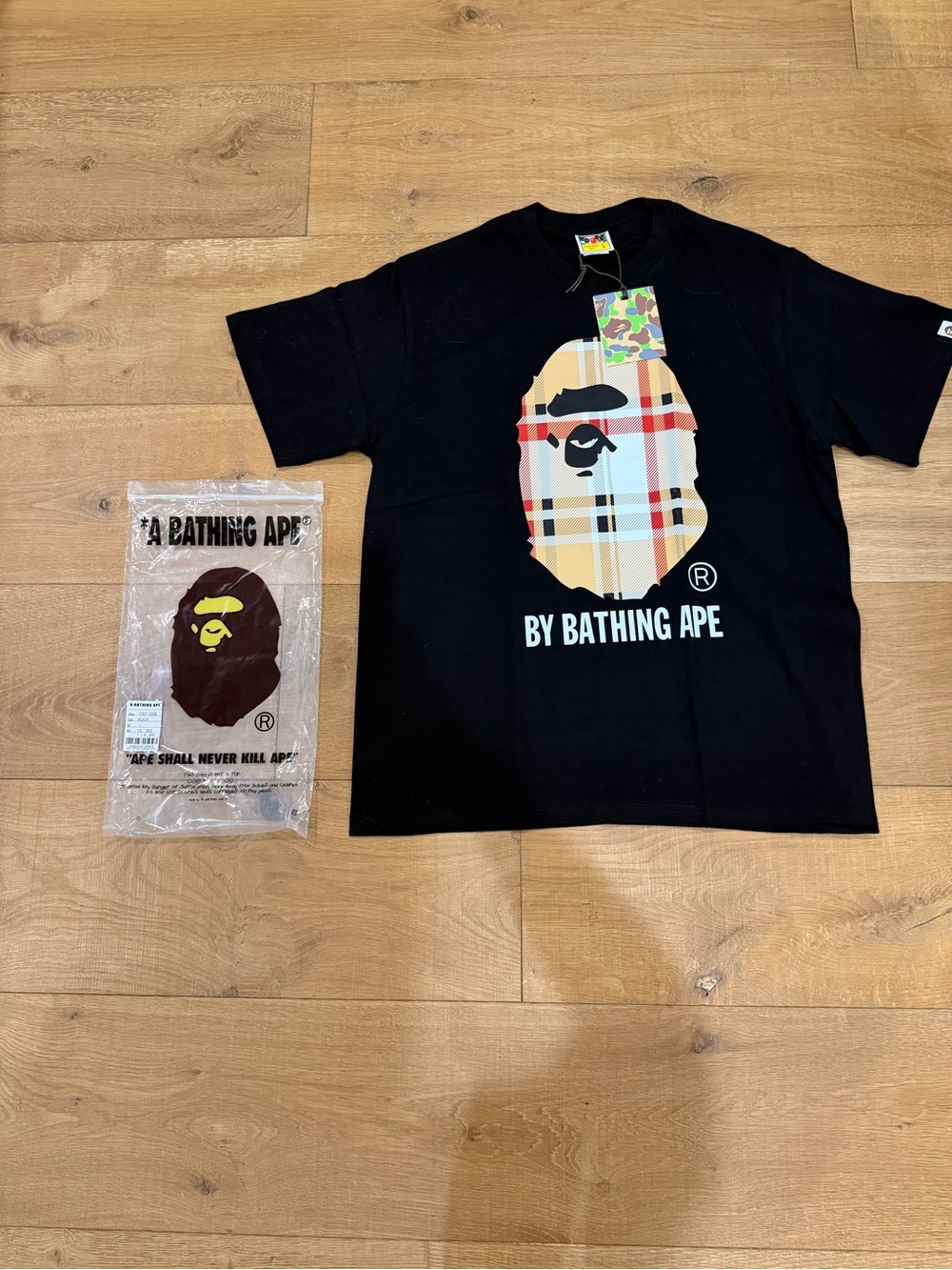 Bape Black Tee with Beige Plaid Ape head